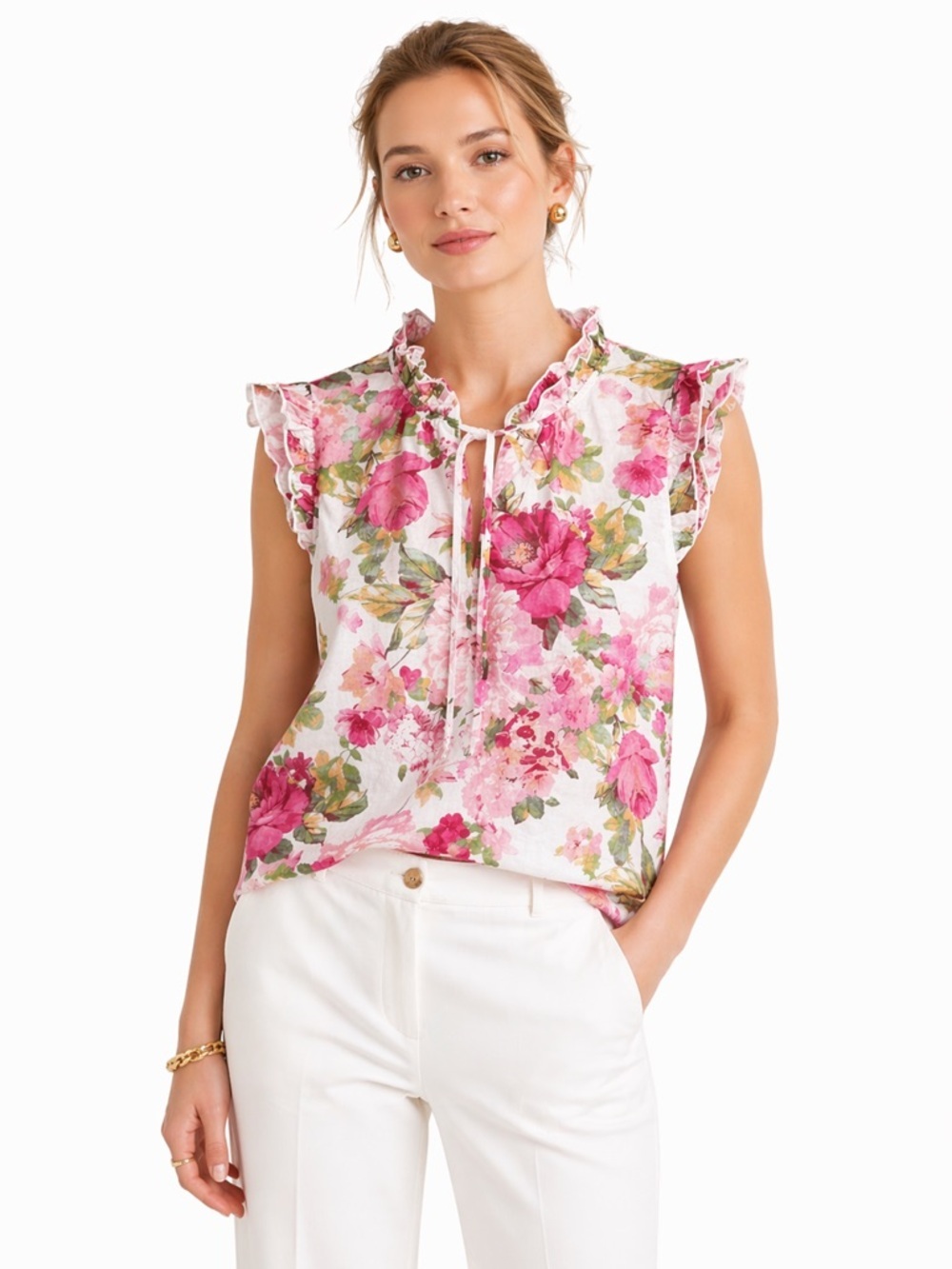 Bailey 44 Preppy Romantic Pink Floral Ruffle Tie Neck Sleeveless Blouse Large
